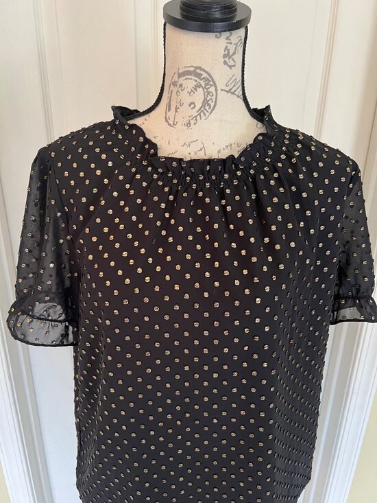 J. Crew Tops - J.Crew Black Gold PolkaDot Short Sleeve Women's Blouse Holiday Career Business S